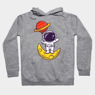 Cute Astronaut Standing On Moon And Holding Planet  Balloon Cartoon Hoodie